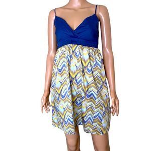 Vintage BCBG Sweetheart Mini Dress M Blue Chevron Spaghetti Straps SZ M